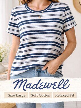 Madewell Blue White Striped Tee Size Large Relaxed Fit Soft Cotton Crew Neck